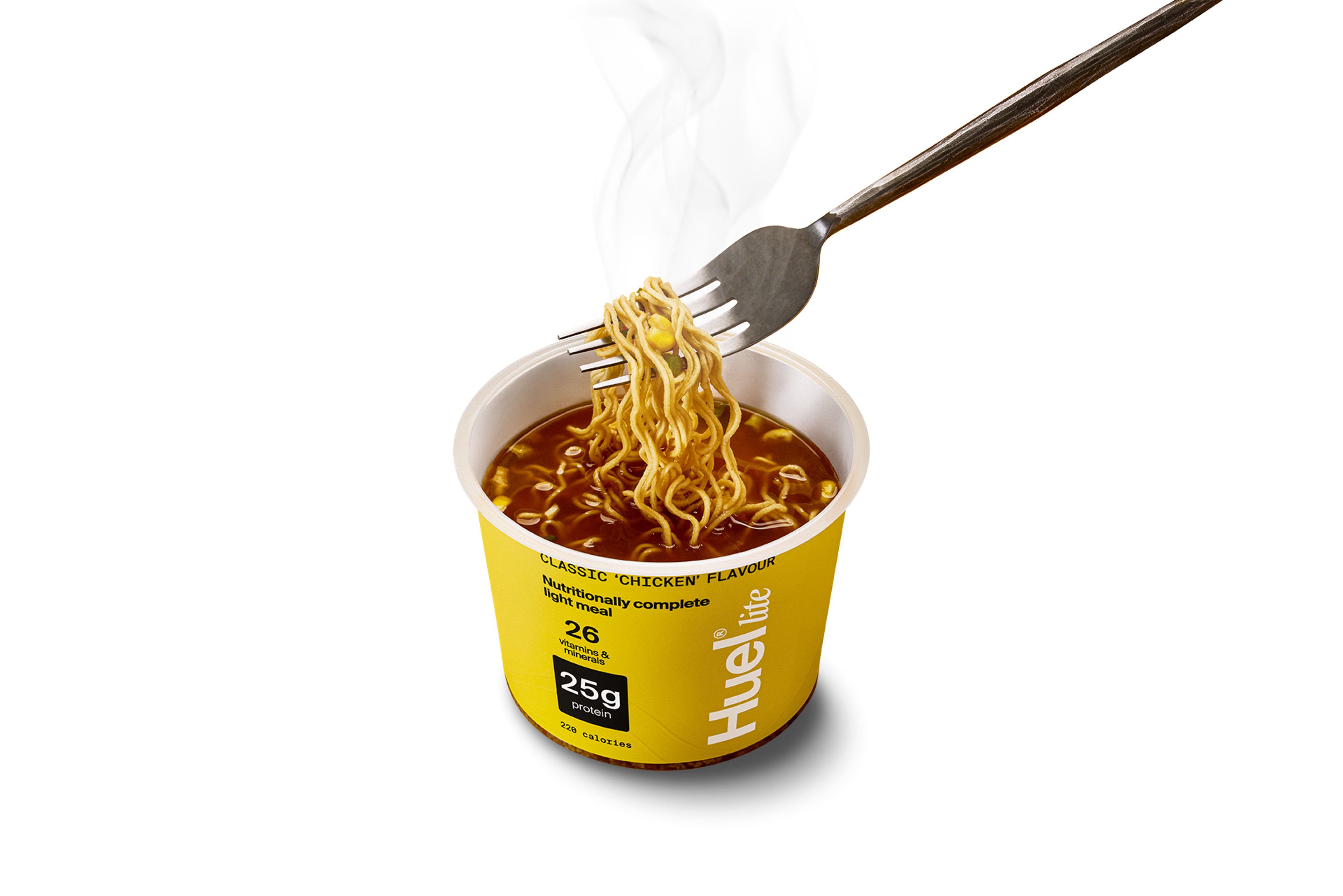 A Huel Lite Ramen in Classic 'Chicken' flavour with a fork pulling noodles out on a white background