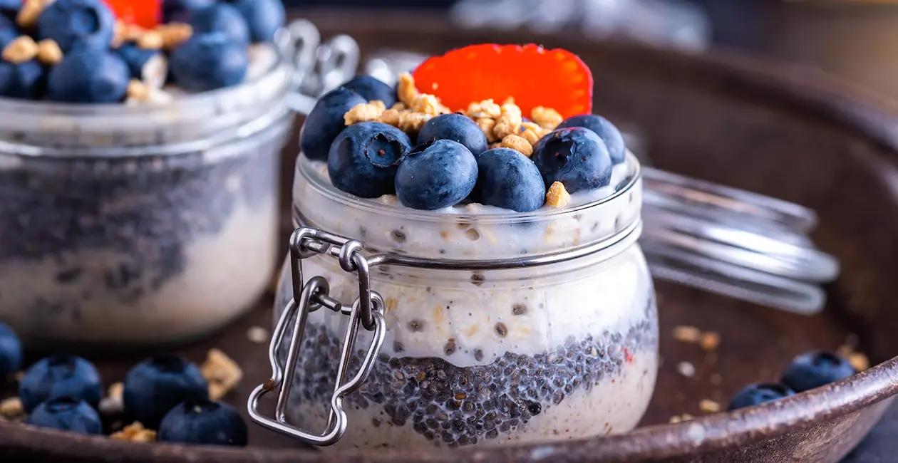 overnight oats with chia seeds and blueberries in a jar