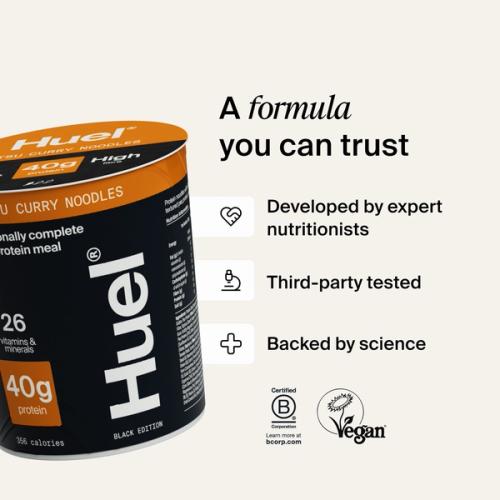 A pot of Huel Lite Ramen next to various callouts and logos