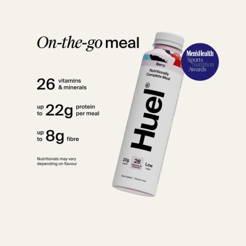 Alt: Huel Ready-to-drink bottle, alongside text highlighting 26 vitamins and minerals, up to 22g protein per meal, and up to 8g fibre.