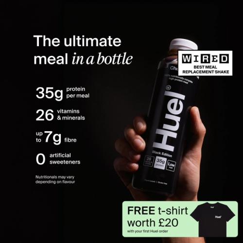 a hand holding a Bottle of Huel RTD with key benefits written next to it