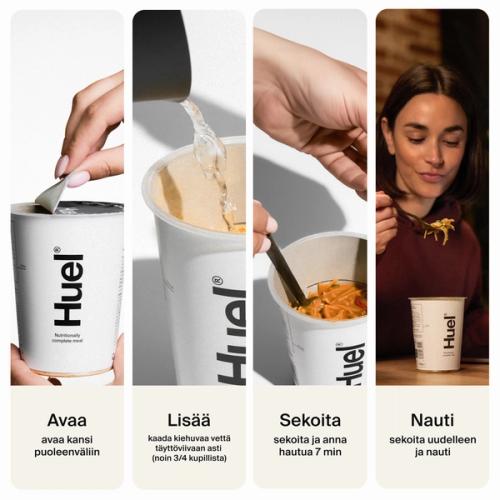 Astioiden valmistusohje: Avaa kantta puoliväliin, lisää kiehuvaa vettä viivaan asti, sekoita, anna hautua 5 min ja nauti