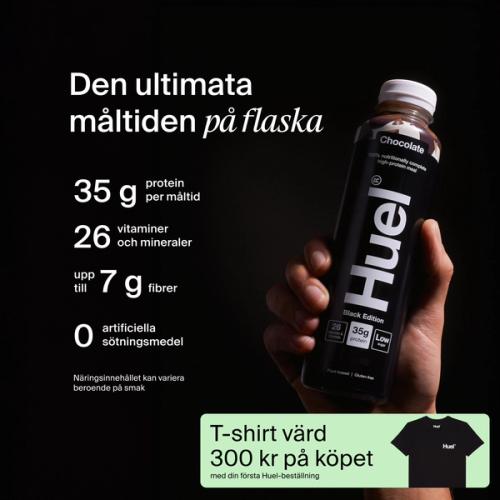 a hand holding a Bottle of Huel RTD with key benefits written next to it