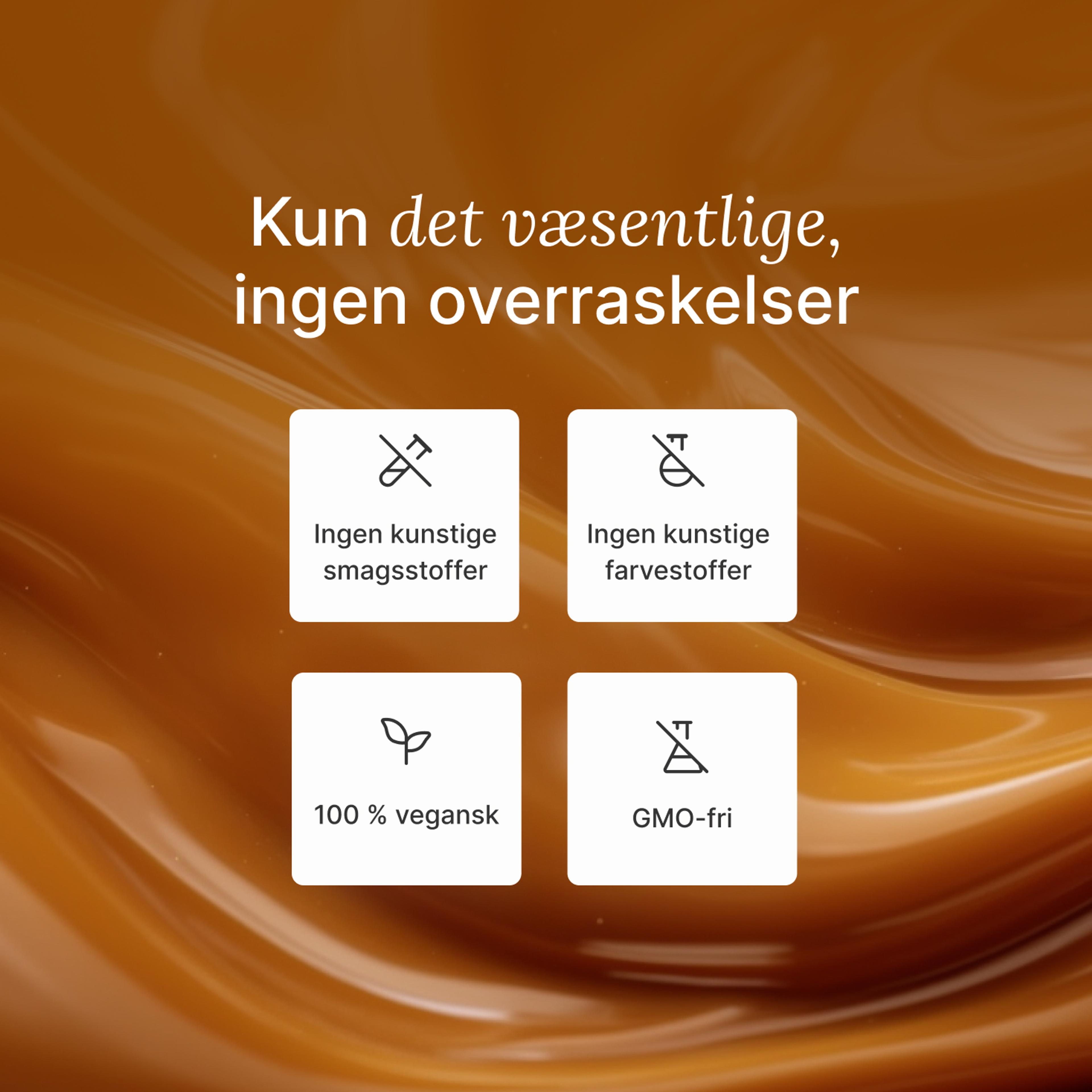 An extreme close-up of swirling caramel with key Huel health benefits overlayed