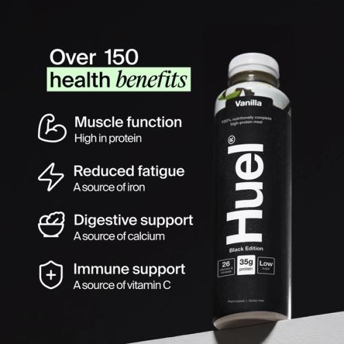 Bottle of Huel Ready-to-drink with health benefits written beside it