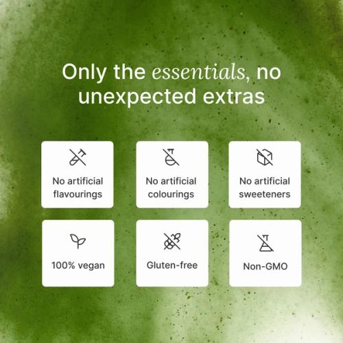 A list of health benefits of Huel Daily Greens set against a background comprising an extreme close-up of Huel Daily Greens