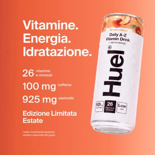 Alt, caffeinated flavours: Huel Daily A-Z Vitamin Drink can, alongside text highlighting 26 vitamins and minerals, 100mg caffeine, 925mg electrolytes, and low sugar.