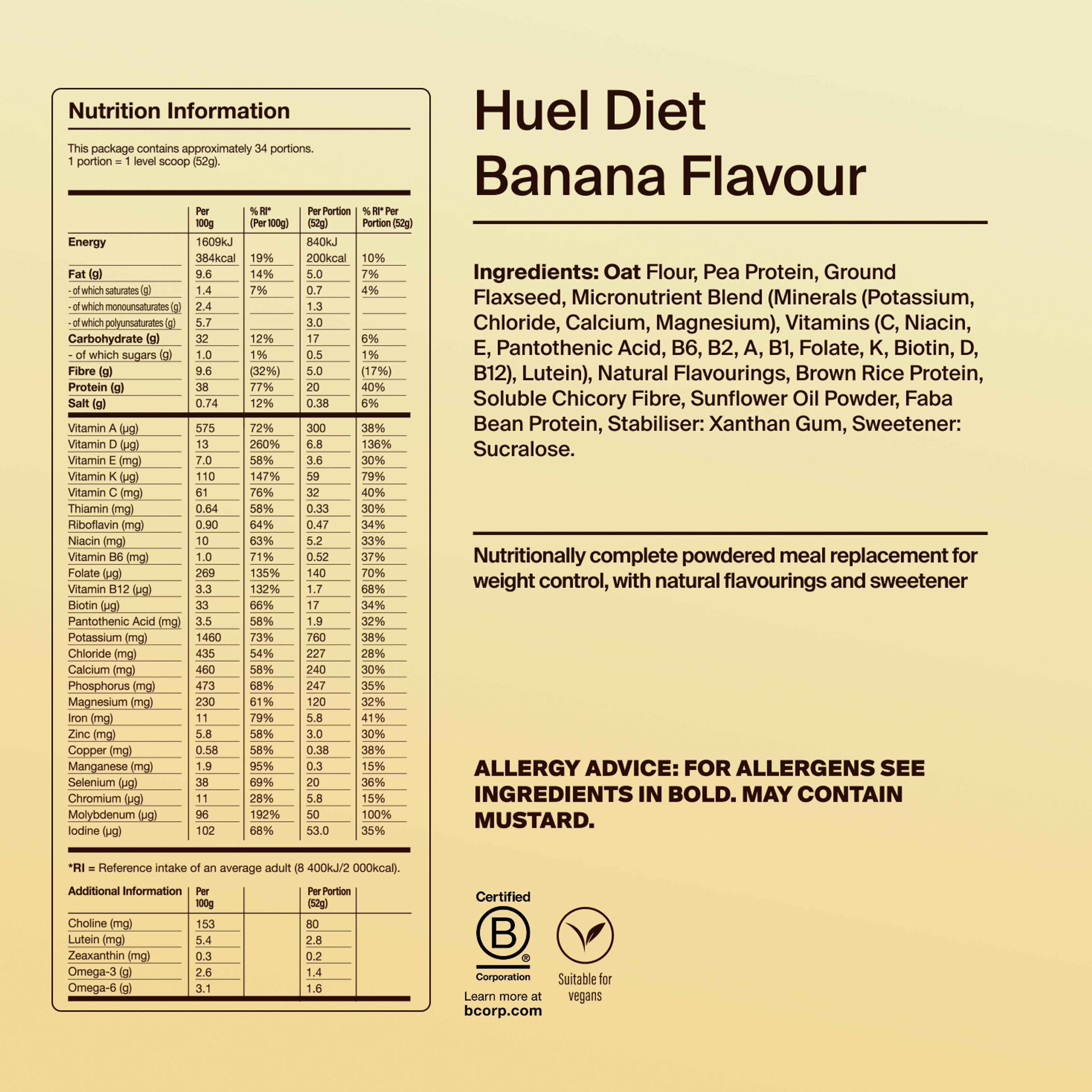 Back of pack nutritional information for Huel Diet Powder Banana Flavour
