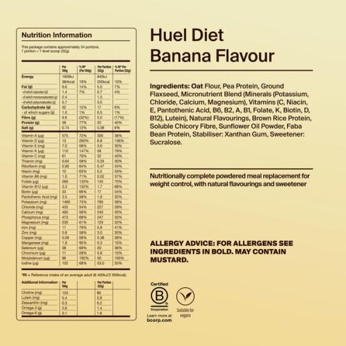 Back of pack nutritional information for Huel Diet Powder Banana Flavour