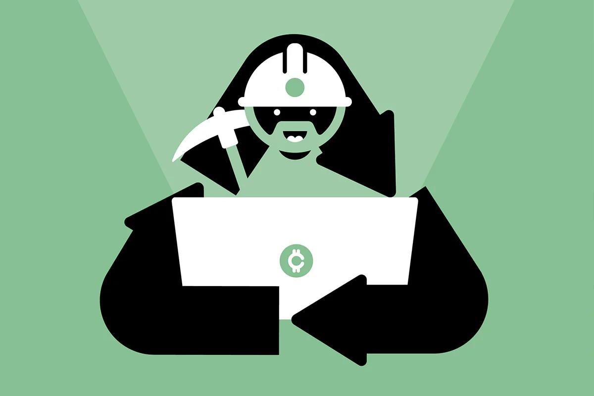 cartoon image of man mining crypto currency inside a recycling symbol