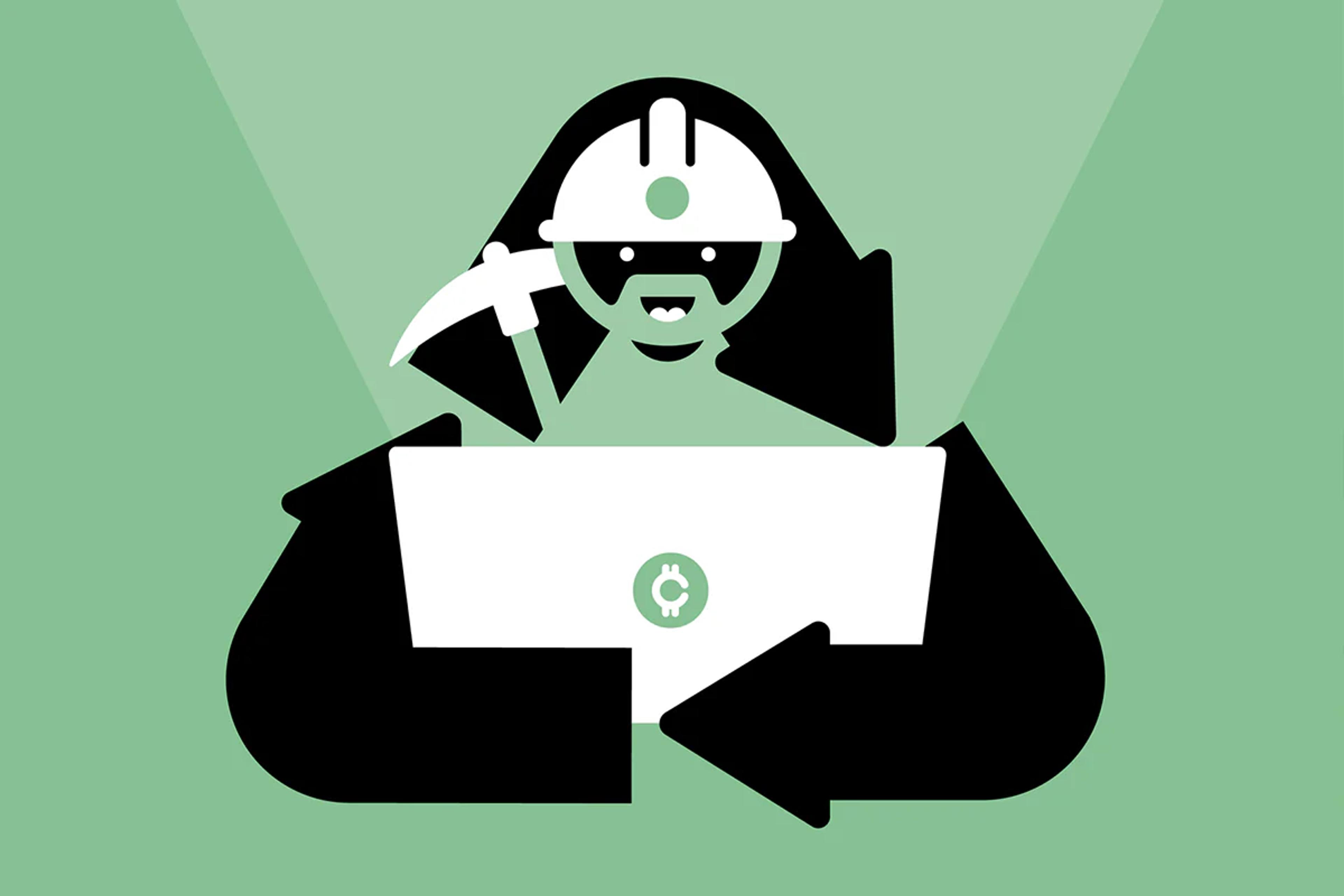 cartoon image of man mining crypto currency inside a recycling symbol