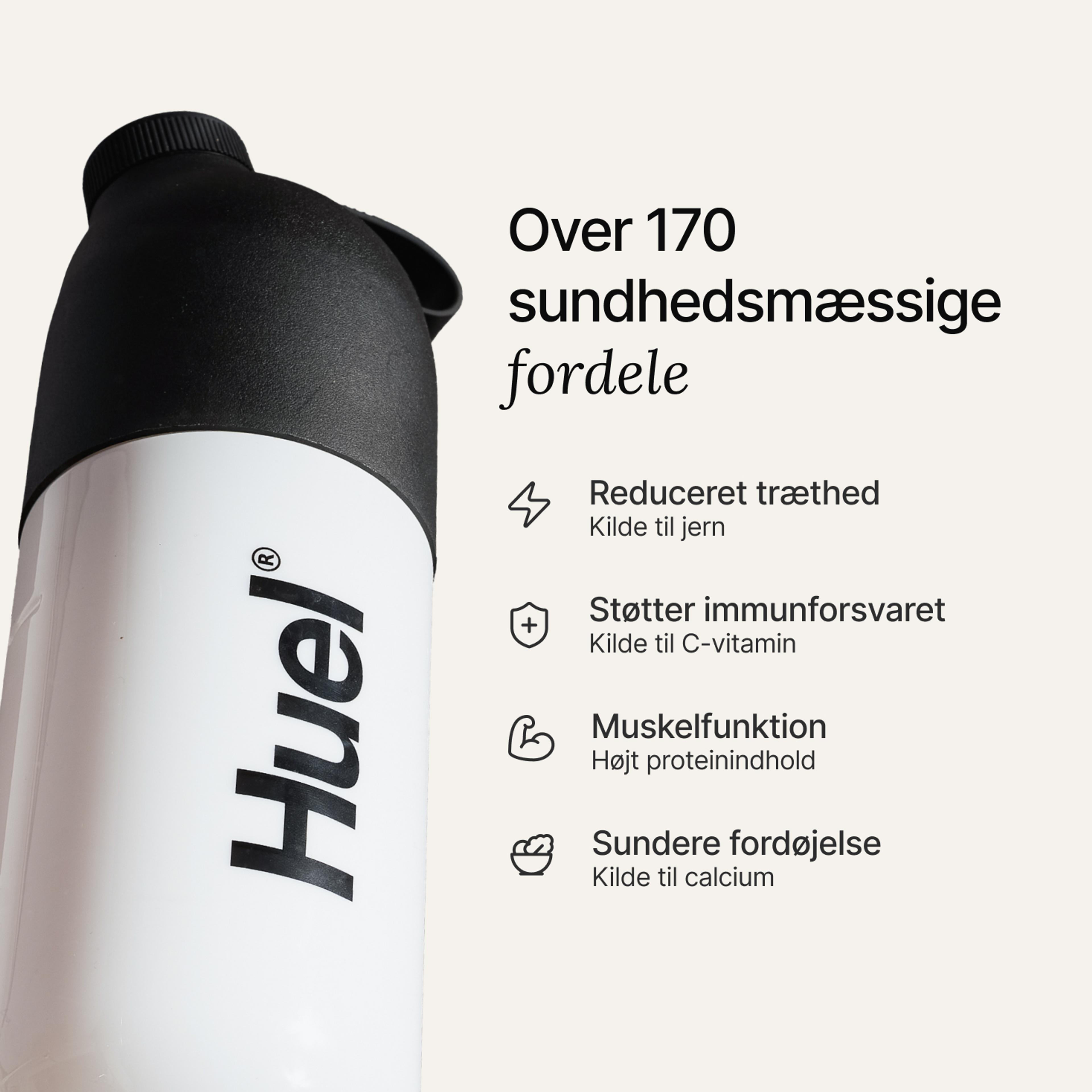 A black and white Huel shaker on a neutral background, with the benefits of Huel listed beside it
