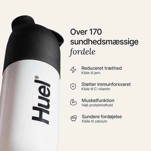 A black and white Huel shaker on a neutral background, with the benefits of Huel listed beside it