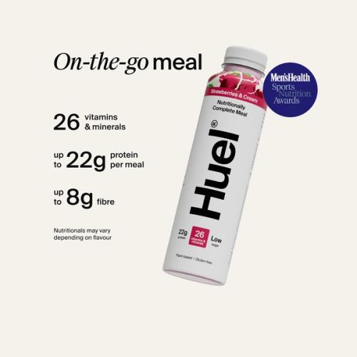 Alt: Huel Ready-to-drink bottle, alongside text highlighting 26 vitamins and minerals, up to 22g protein per meal, and up to 8g fibre.