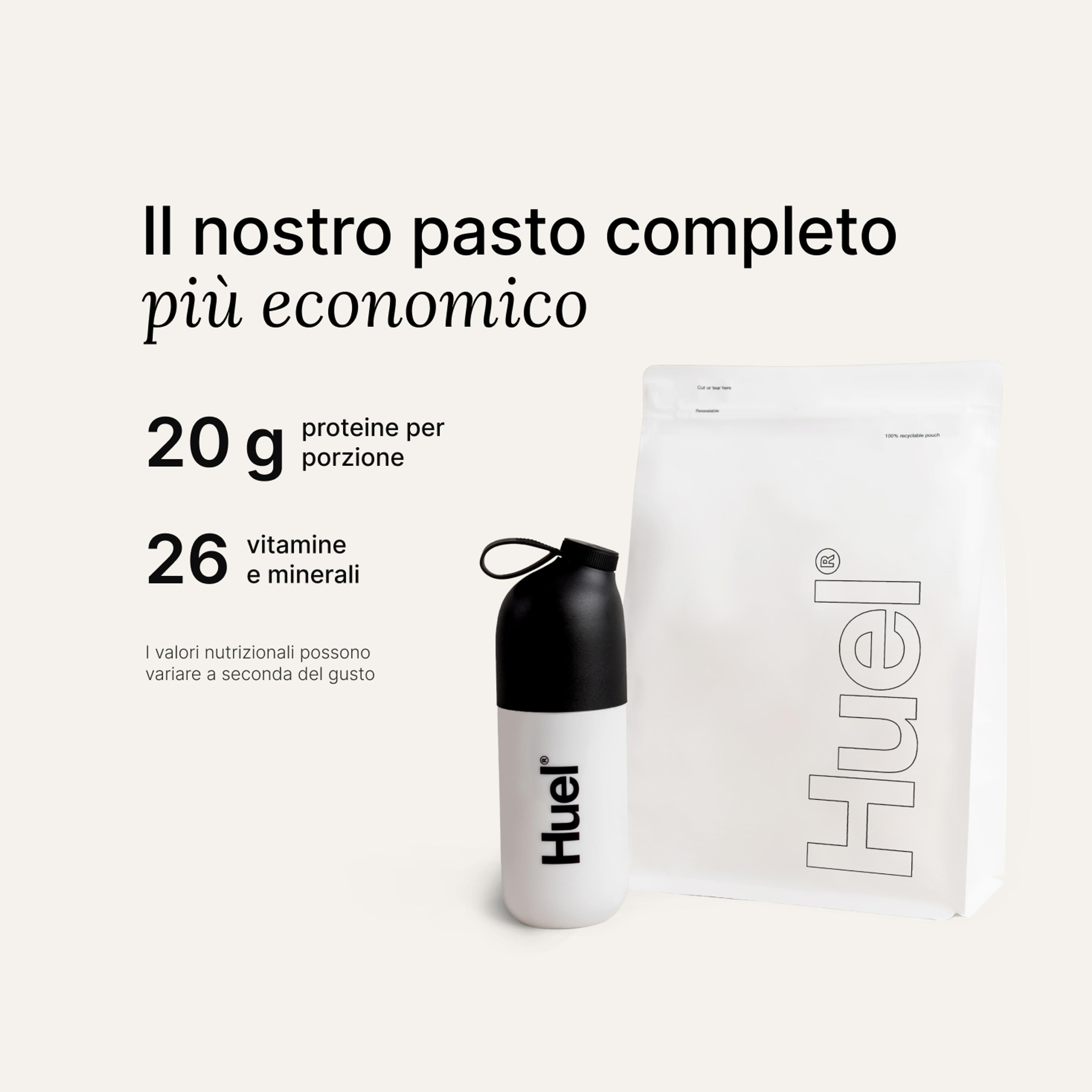 A white pouch of Huel Essential and a Huel shaker on a neutral colour background