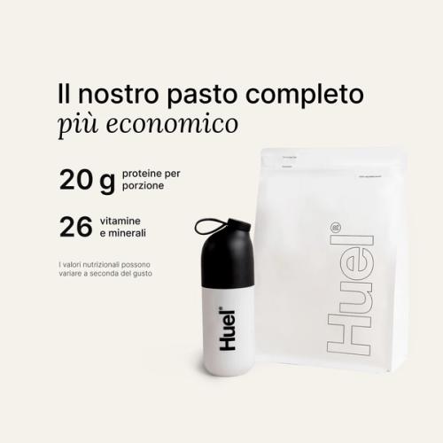 A white pouch of Huel Essential and a Huel shaker on a neutral colour background
