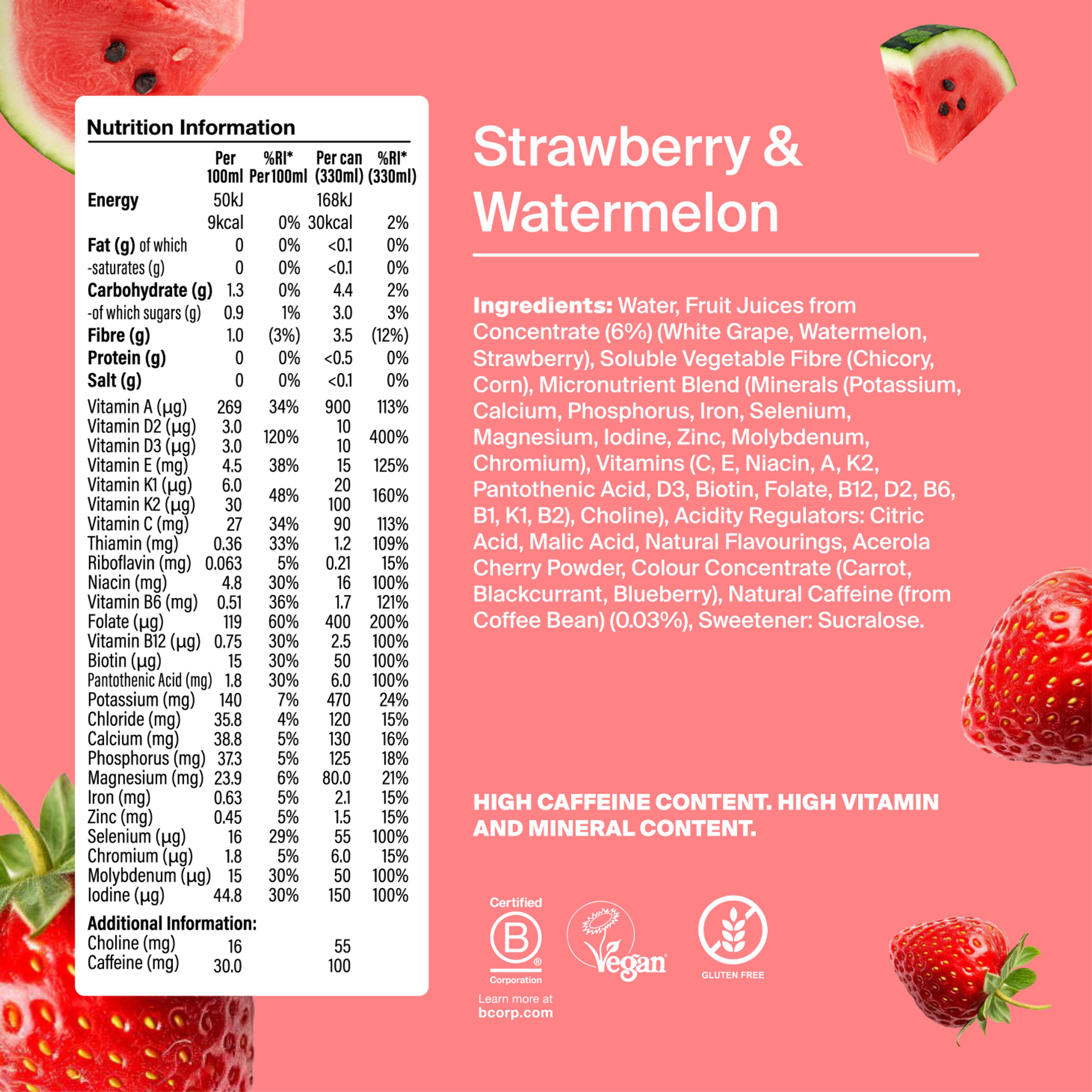 The nutritional information of Strawberry & Watermelon Daily A-Z Caffeine-free
