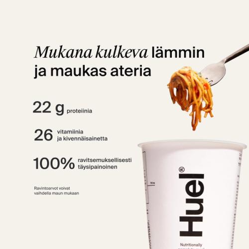 Valkoinen Hot & Savoury Pot ja haarukallinen tulisia nuudeleita neutraalinvärisellä taustalla
