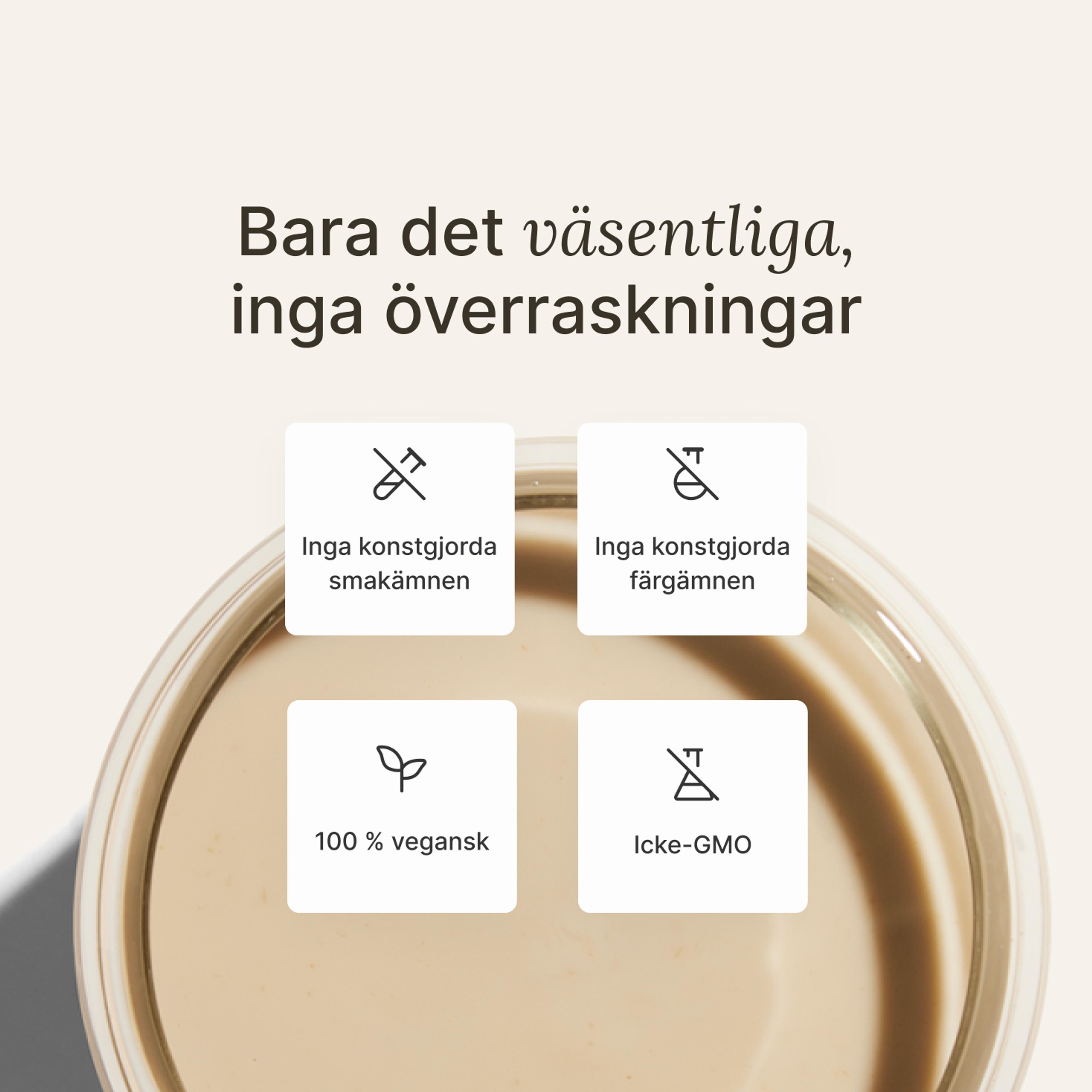 image of a glass of Huel meal replacement drink on a neutral colour background with key health benefits