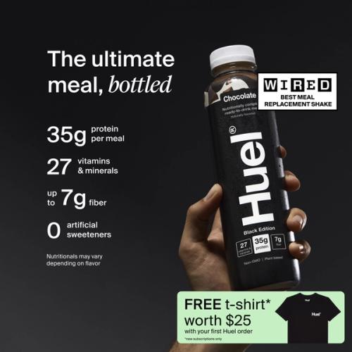 a hand holding a Bottle of Huel RTD with key benefits written next to it