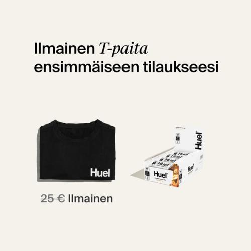 A box of Huel complete nutrition bars on a neutral background next to a black Huel t-shirt