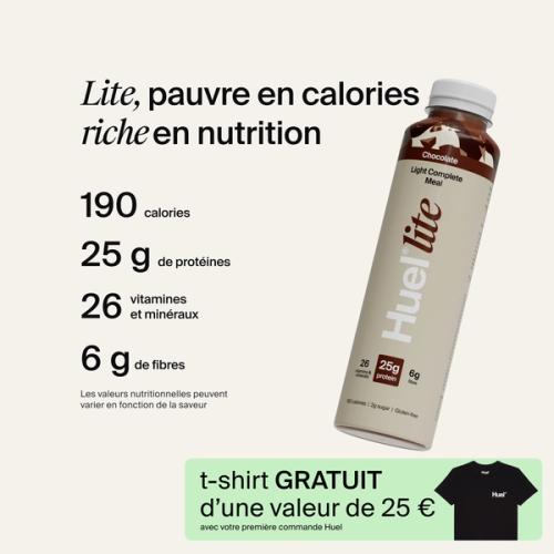 Une image d’une canette Huel Lite Ready-to-Drink avec les informations nutritionnelles en évidence