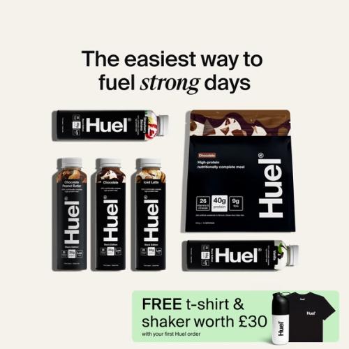 A group of Huel products including Black Edition powder and bottles of Black Edition Ready-to-drink
