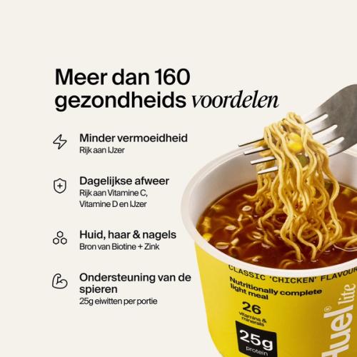 Een open Pot Huel Lite Ramen op een achtergrond in een neutrale kleur met vermelde voordelen