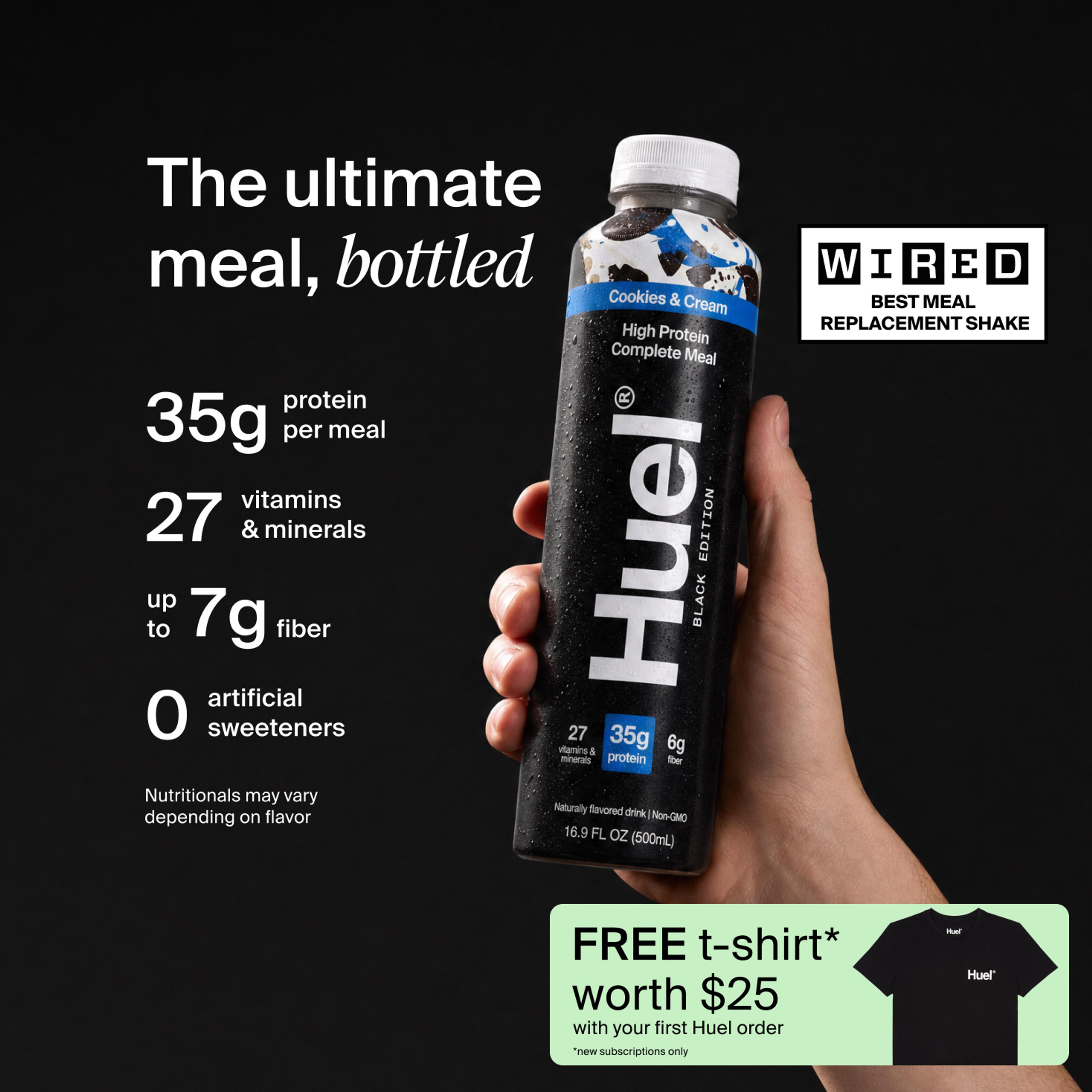 Huel Black Edition Ready-to-drink bottle held in hand, alongside text highlighting 35g protein, 26 vitamins and minerals, up to 7g fibre, and no artificial sweeteners.