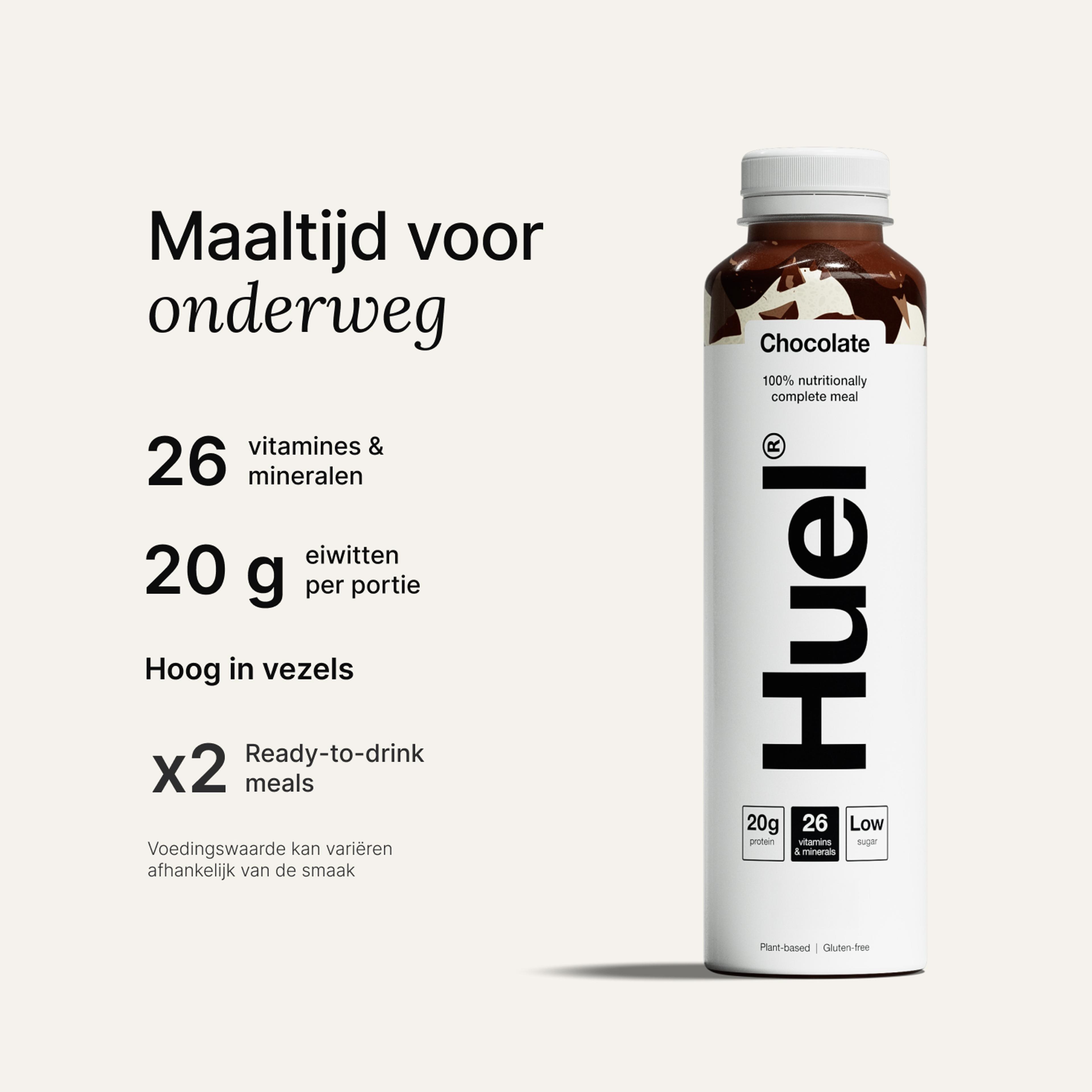 Een flesje Chocolade Huel kant-en-klare eiwitrijke maaltijddrank
