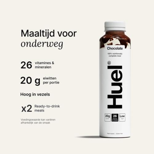 Een flesje Chocolade Huel kant-en-klare eiwitrijke maaltijddrank