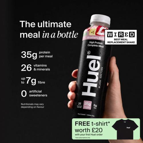 a hand holding a Bottle of Huel RTD with key benefits written next to it