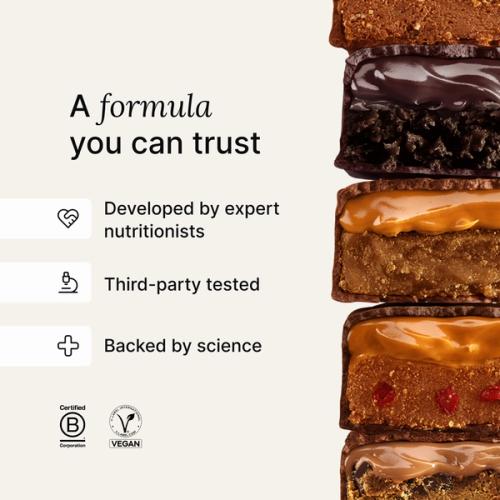 A stack of Huel caramel and peanut bars next to scientific claims about Huel products