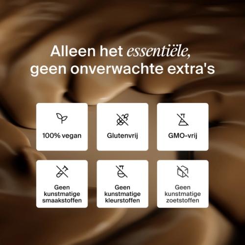 Een lijst met gezondheidsvoordelen van Huel Ready-to-drink Lite, geplaatst tegen een achtergrond van een close-up van Chocolate.