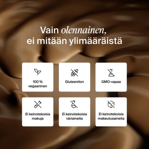 Luettelo Huel Lite Ready-to-drink -valmisjuoman terveyshyödyistä lähikuvassa näkyvää suklaataustaa vasten.