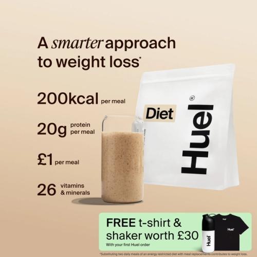 A bag of Huel Diet powder next to a glass containing a Huel drink on a beige background