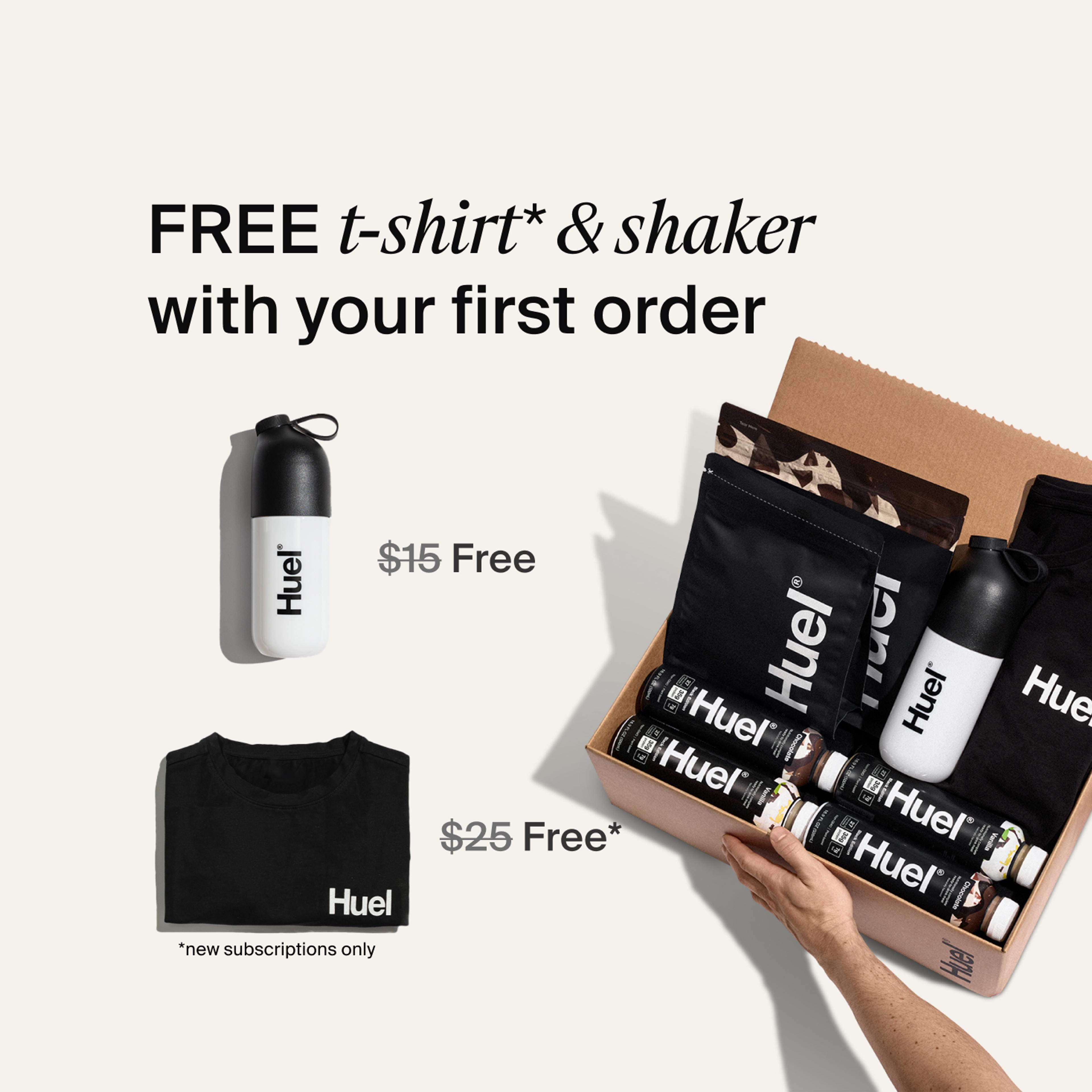 All the Huel High-Protein Bundle products next to a Black Huel T-shirt and shaker