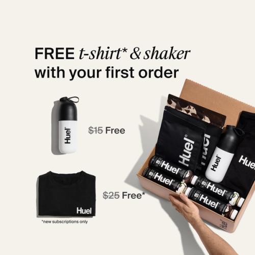 All the Huel High-Protein Bundle products next to a Black Huel T-shirt and shaker