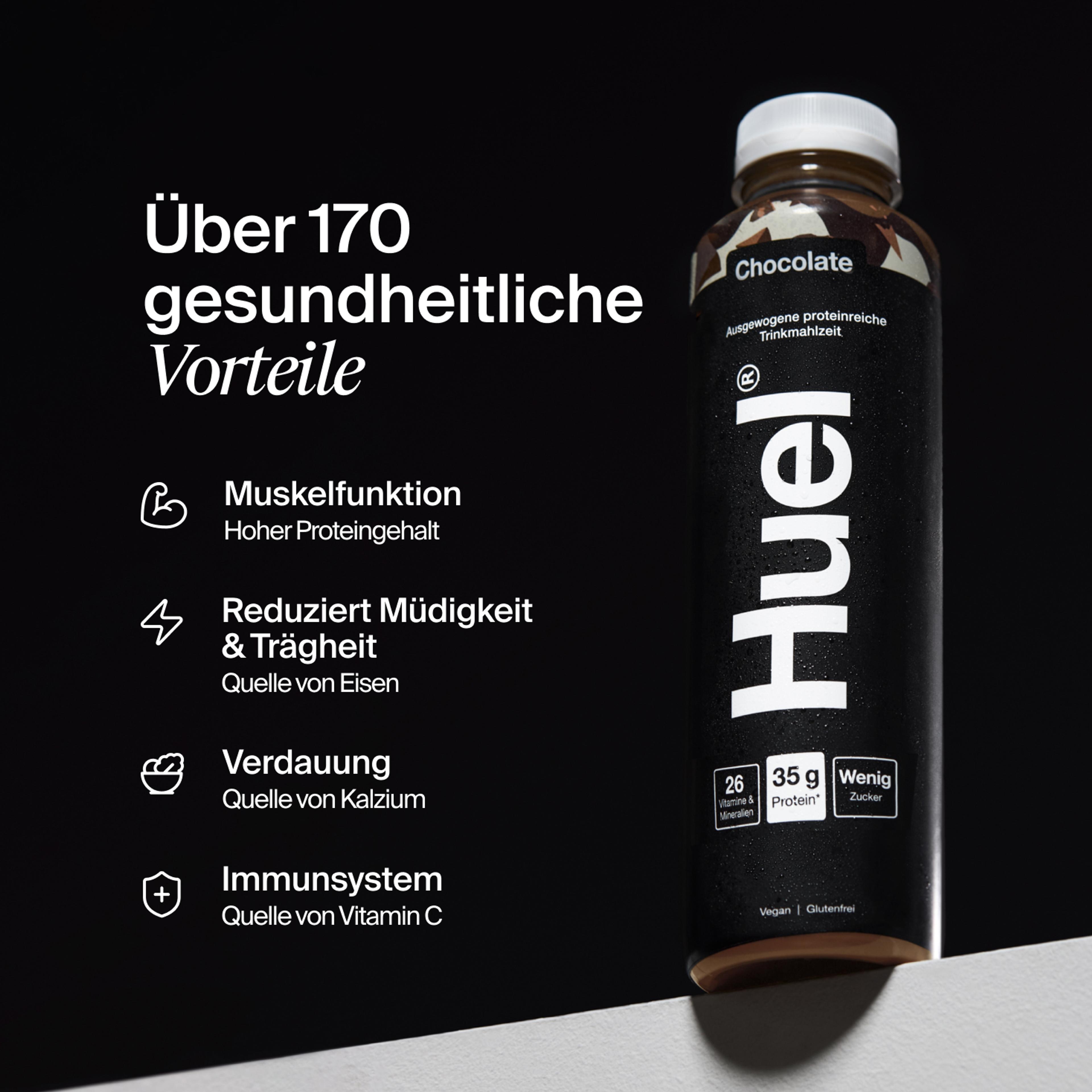Flasche Huel Ready-to-drink mit gesundheitlichen Vorteilen daneben