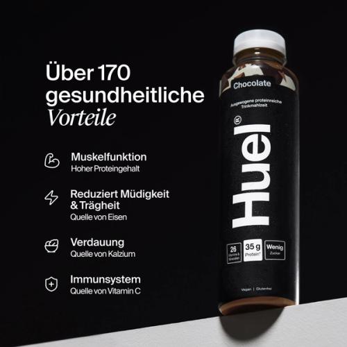 Flasche Huel Ready-to-drink mit gesundheitlichen Vorteilen daneben