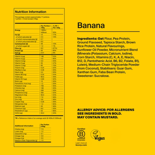 Back of pack nutritional information for Huel Powder