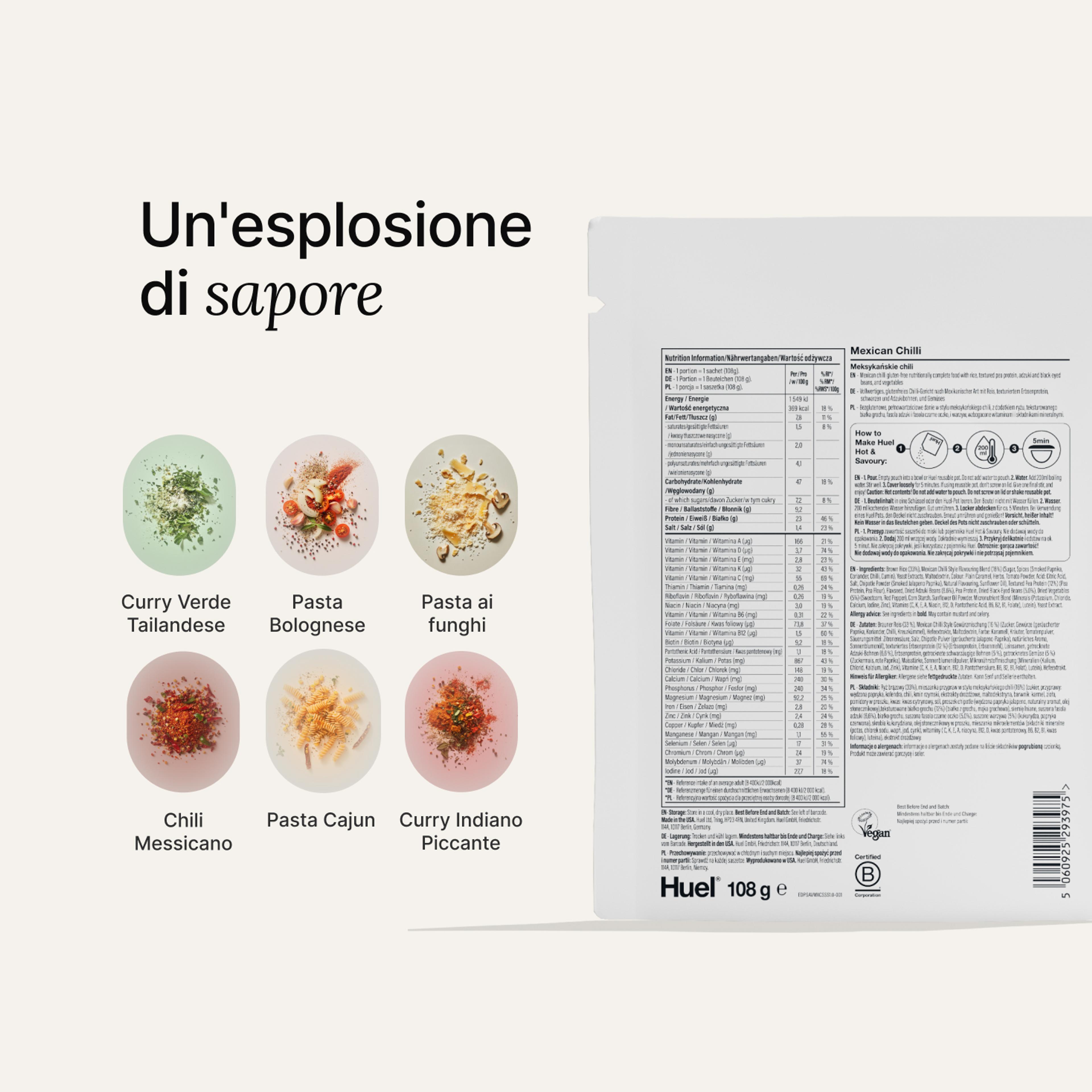 Back of a Huel Hot & Savoury meal pack with nutritional information