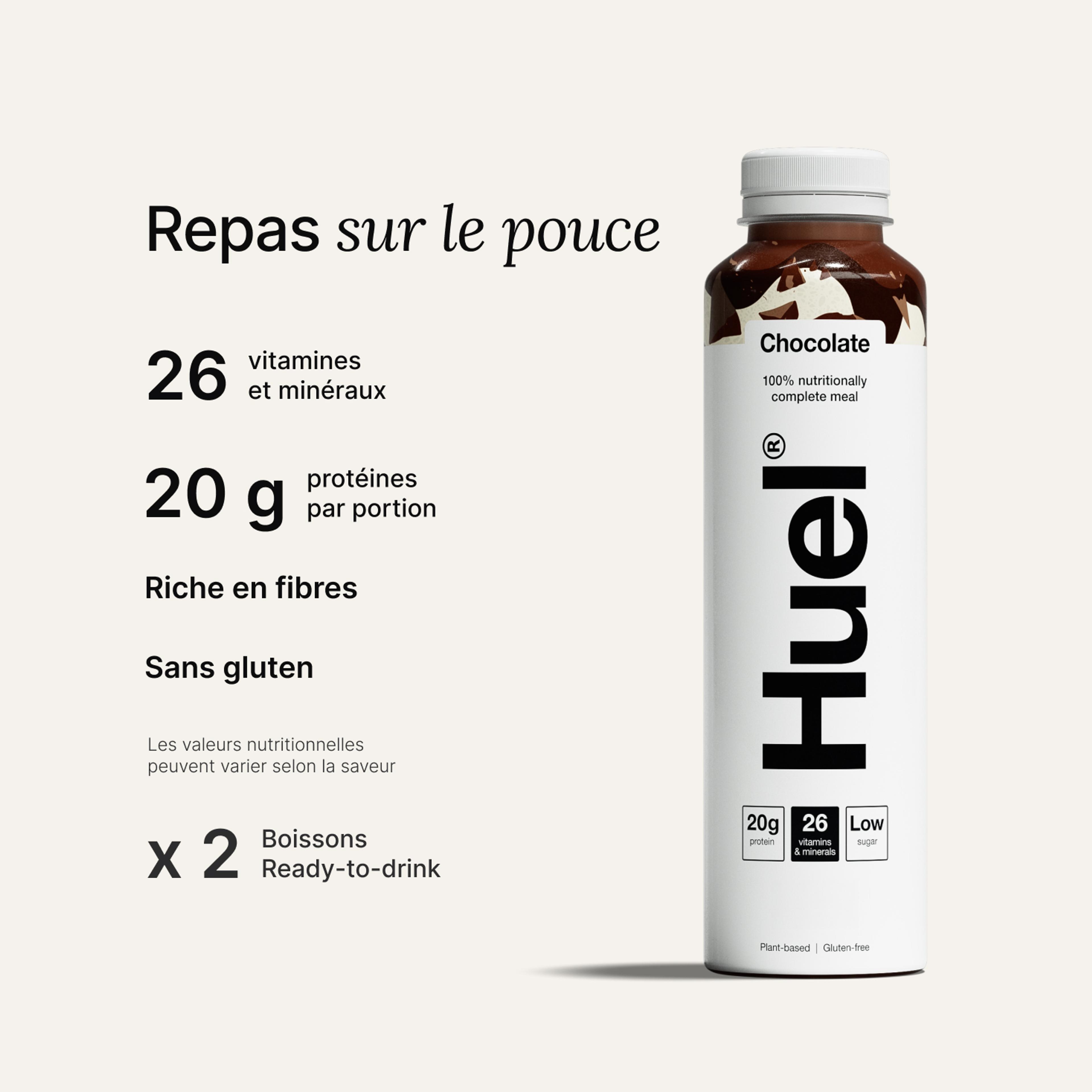 Une bouteille de boisson hyperprotéinée prête à boire Chocolate Huel