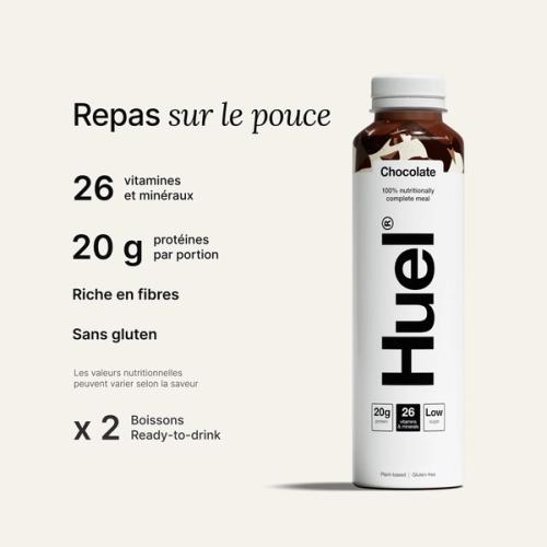 Une bouteille de boisson hyperprotéinée prête à boire Chocolate Huel