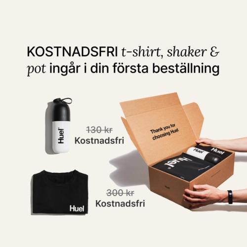 Alla Huel bästsäljande produkter bredvid en svart Huel T-shirt