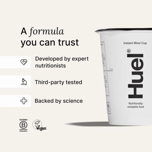 A white Huel pot on an off-white coloured background with callouts explaining Huel's scientific credentials