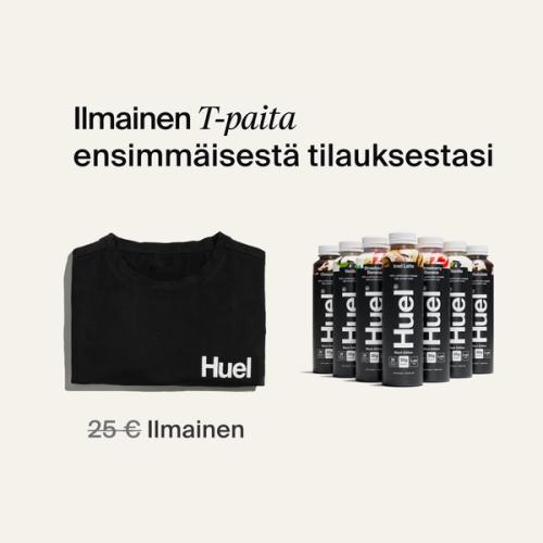 A selection of Huel Black Edition Ready-to-drink protein drinks next to a folded Black Huel t-shirt