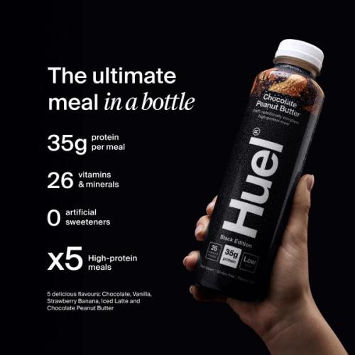A bottle of Huel Black Edition Ready-to-drink next to nutritional callouts