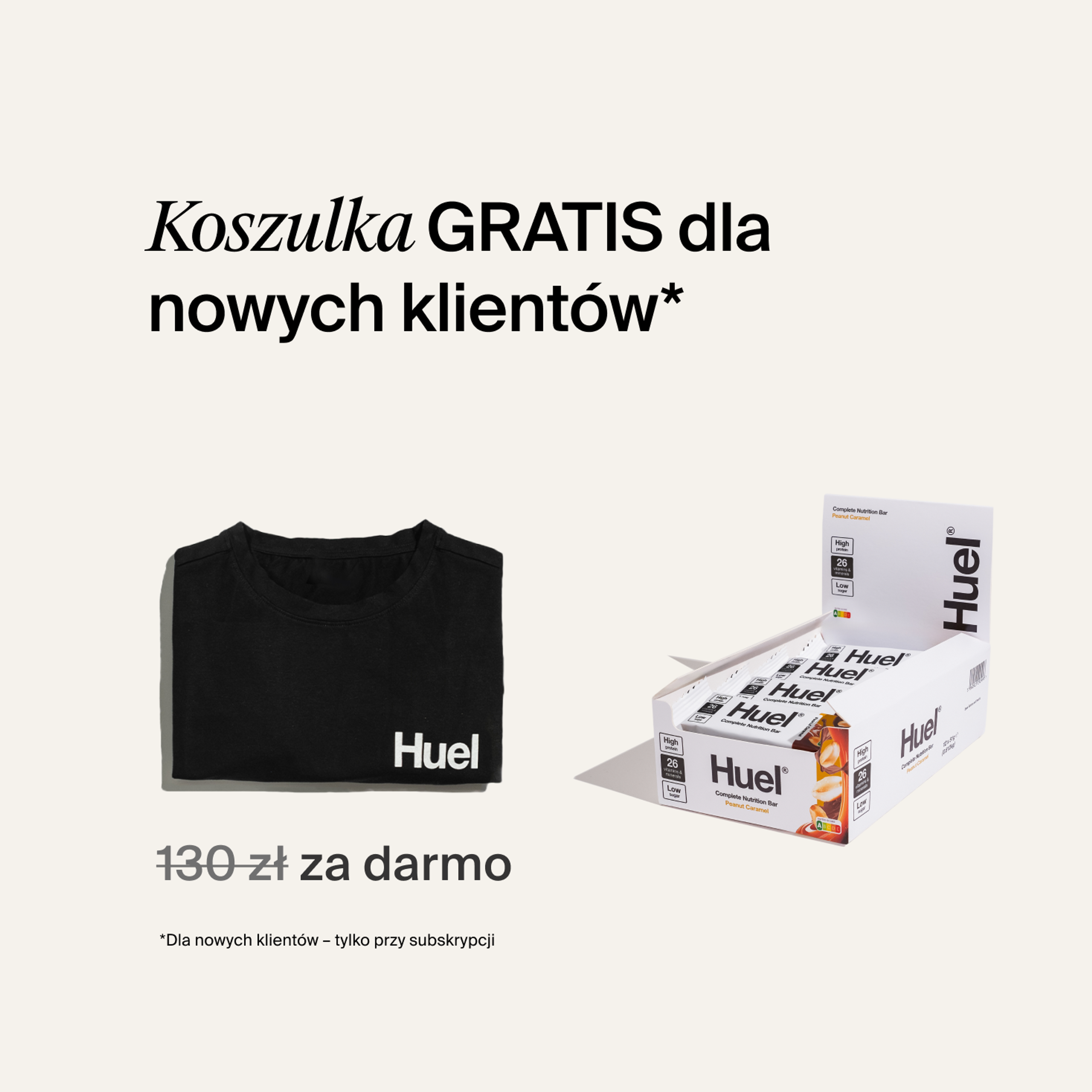 A box of Huel complete nutrition bars on a neutral background next to a black Huel t-shirt