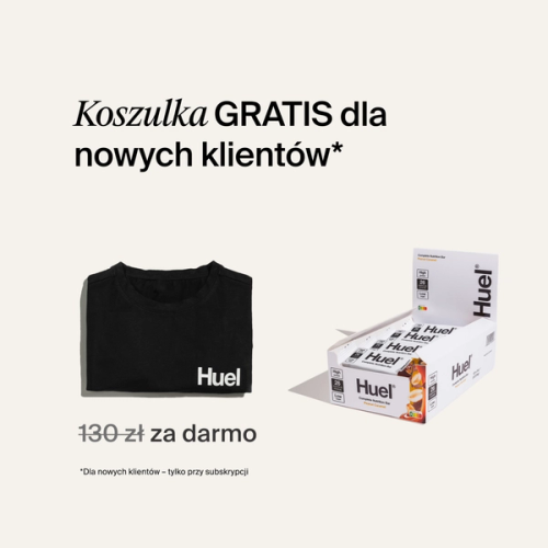 A box of Huel complete nutrition bars on a neutral background next to a black Huel t-shirt